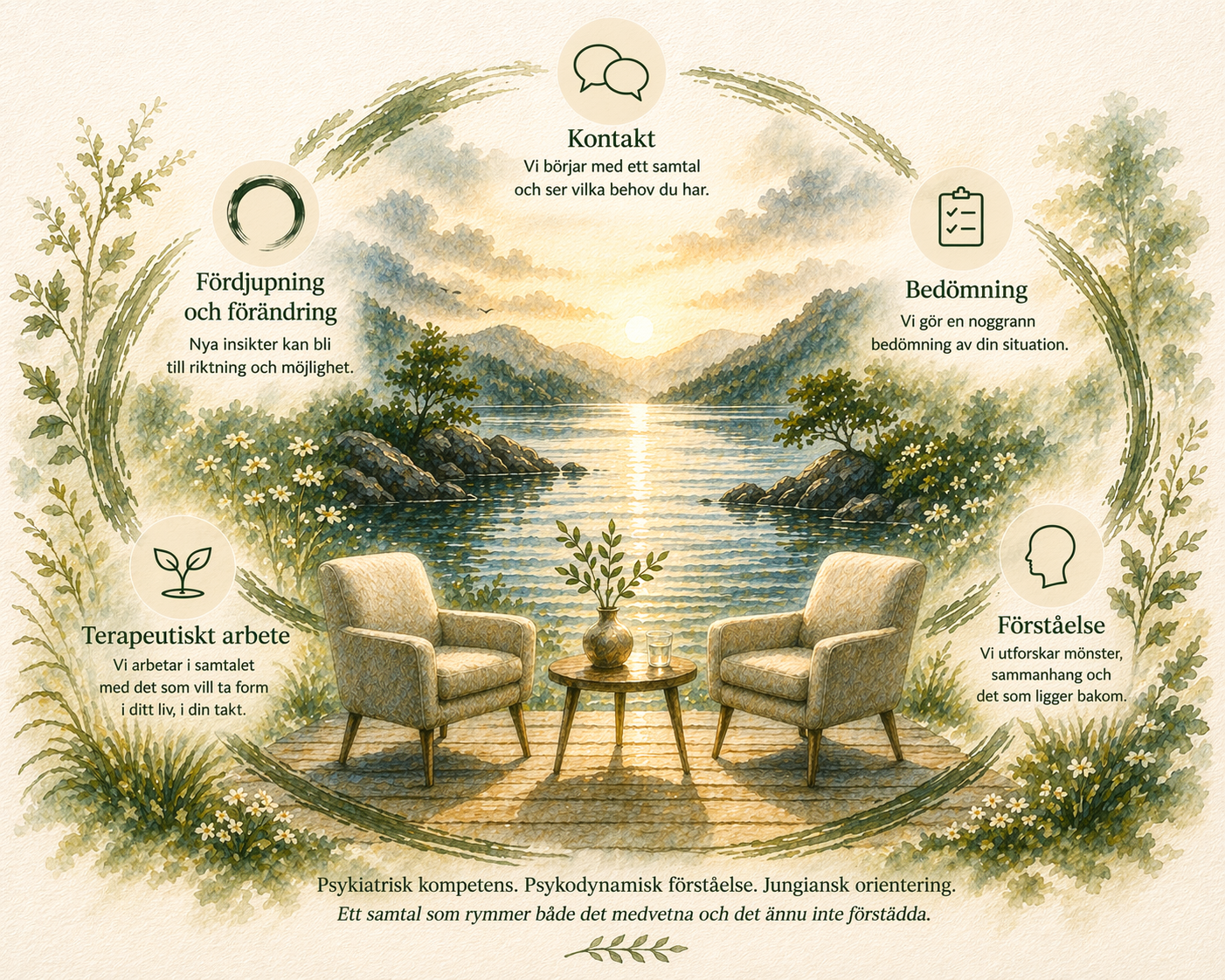 Två fåtöljer i ett symboliskt landskap som gestaltar den terapeutiska processen från första kontakt till fördjupad förståelse och förändring.