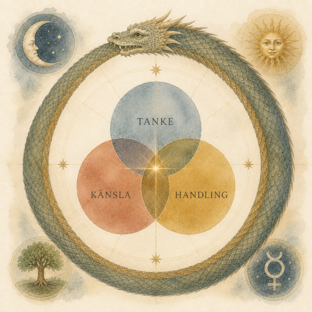 Symbolisk illustration av jungiansk terapi och integrativt förhållningssätt med uroboros samt cirklar för tanke, känsla och handling.