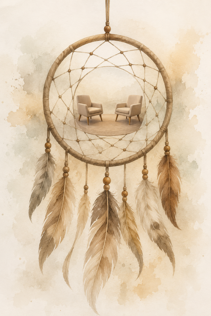 Illustration av en drömfångare som symboliserar drömmar och det omedvetna inom jungiansk psykoterapi.