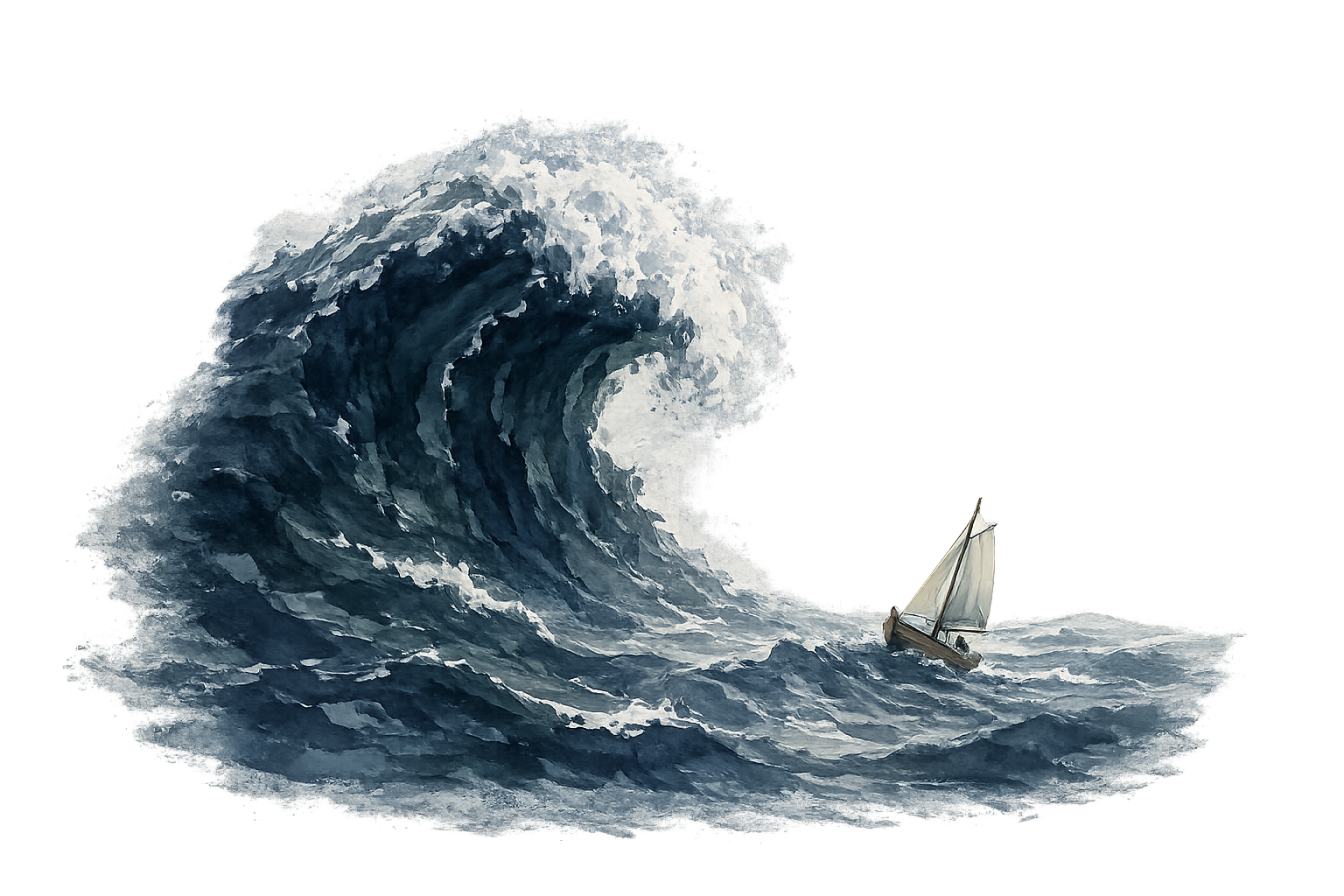 Illustration i akvarell av en segelbåt framför en hotfull våg som symboliserar ångest, livskriser och personlig utveckling inom jungiansk terapi och psykoterapi.