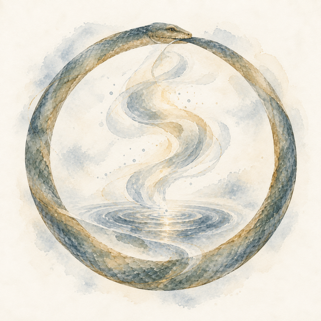 Akvarell av Ouroboros, ormen som slukar sin egen svans, med en abstrakt rörelse av vatten och ljus som symboliserar psykisk transformation och inre utveckling.